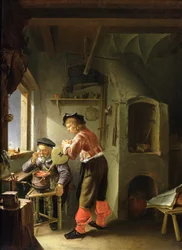 Un alchimiste et son assistant dans leur atelier